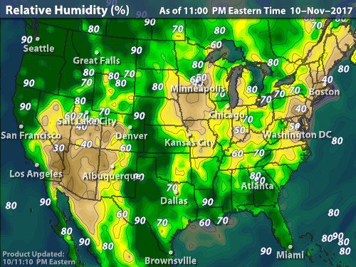 map of the united states with relative humidity levels